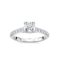 Cushion Shared Prong Engagement Ring with Hidden Halo