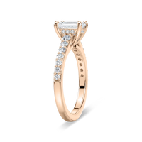 Emerald Cut Shared Prong Engagement Ring with Hidden Halo