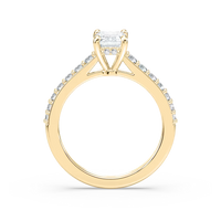 Emerald Cut Shared Prong Engagement Ring with Hidden Halo