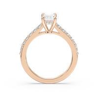 Emerald Cut Shared Prong Engagement Ring with Hidden Halo