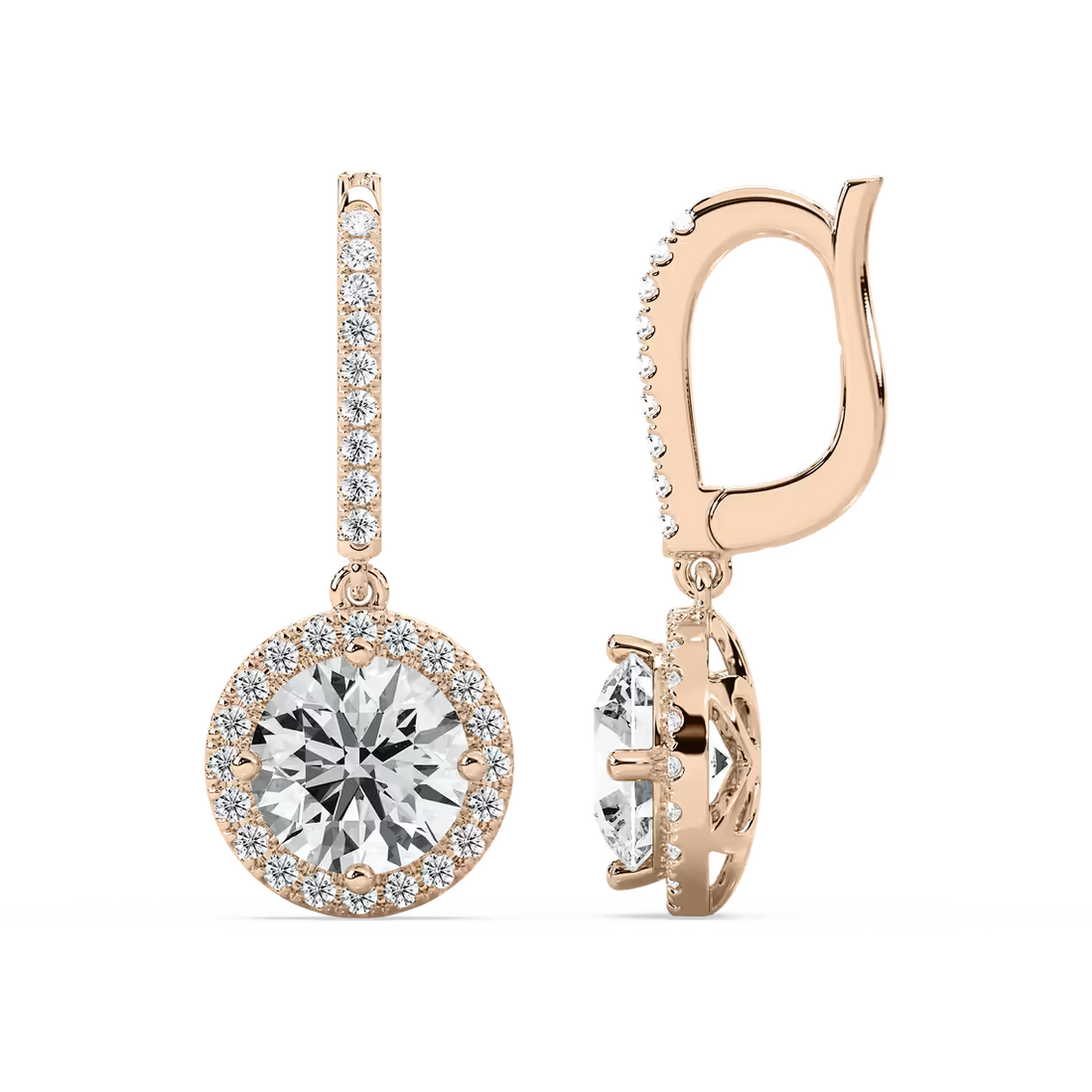 Round Cut Halo Lab Grown Diamond Drop Earrings