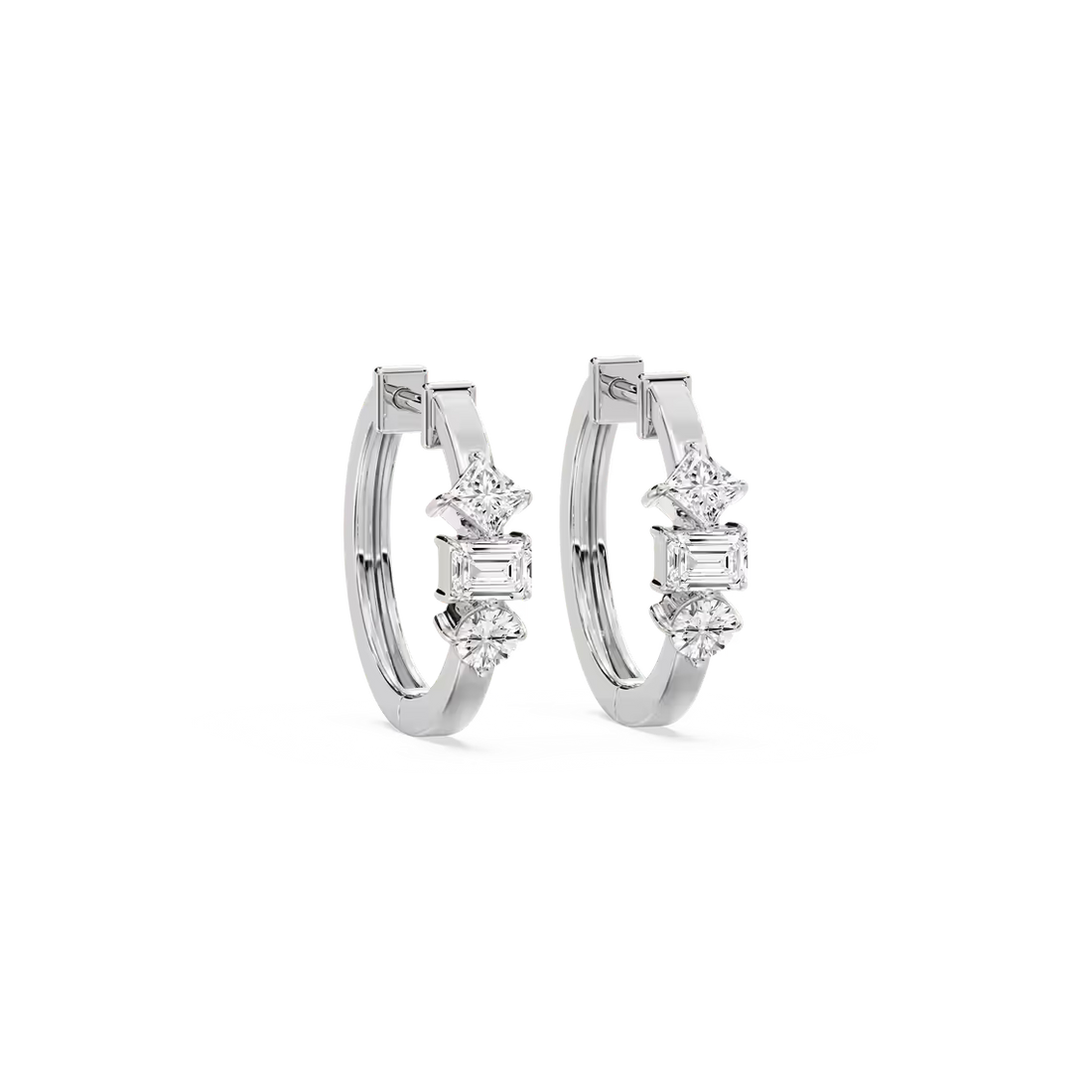 Three Stone Multi Shape Lab Grown Diamond Hoop Earrings