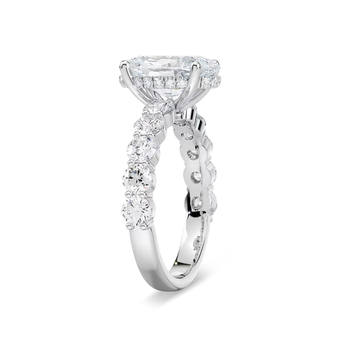 Oval Shaped Shared Prong Engagement Ring with Hidden Halo