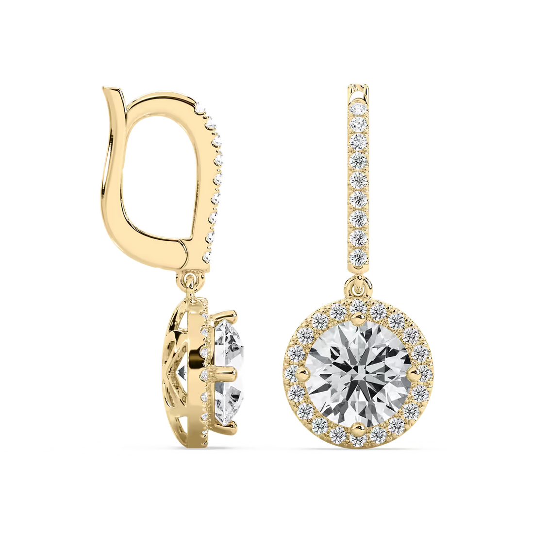 Round Cut Halo Lab Grown Diamond Drop Earrings