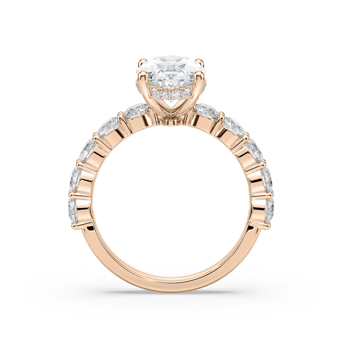 Oval Shaped Shared Prong Engagement Ring with Hidden Halo