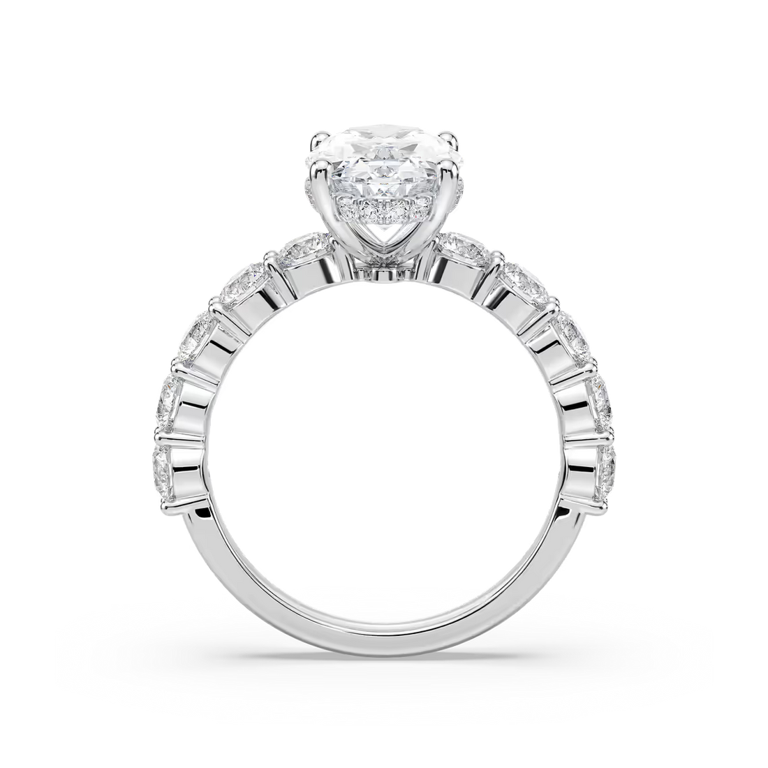 Oval Shaped Shared Prong Engagement Ring with Hidden Halo