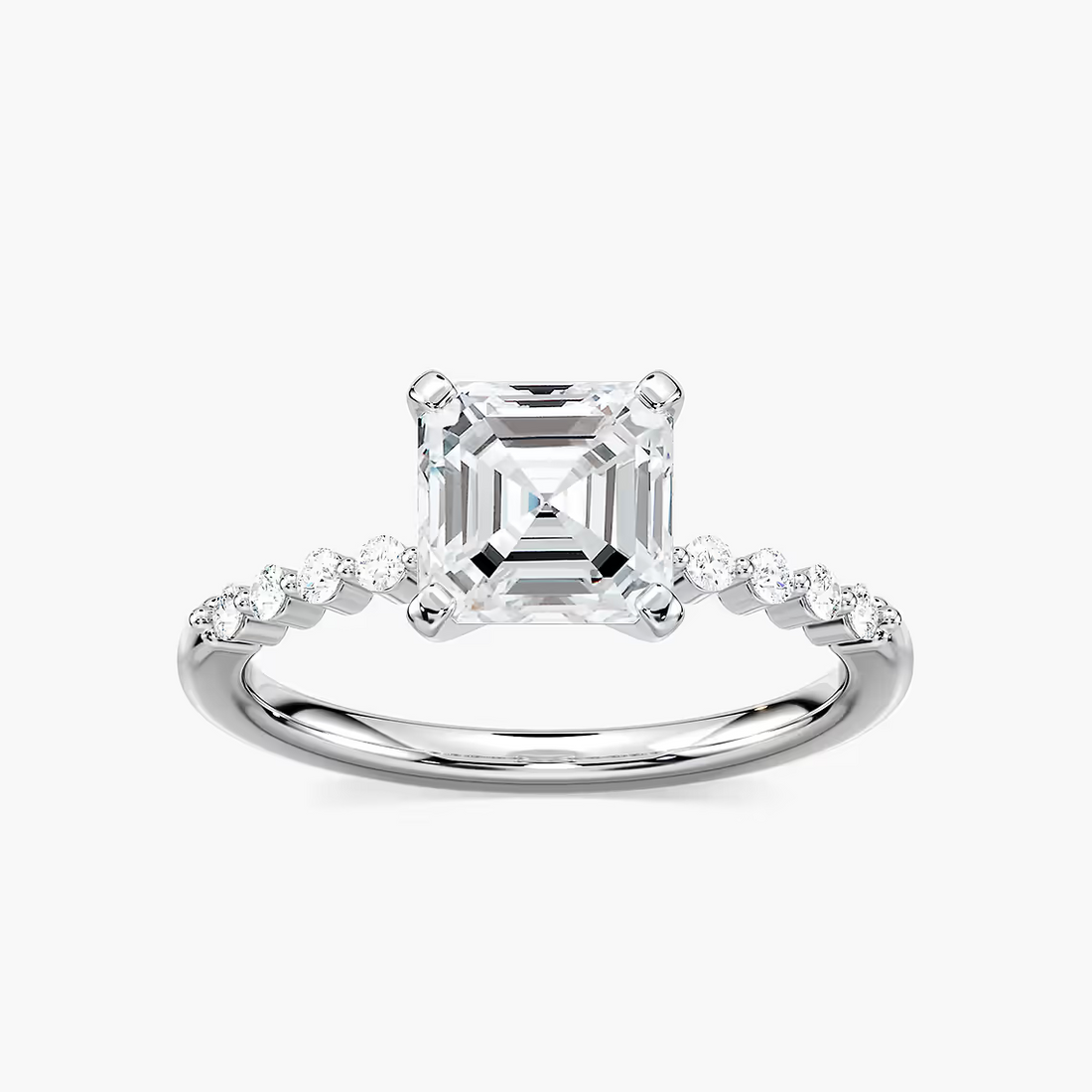 Asscher Cut Shared Prong Side Stone Engagement Ring
