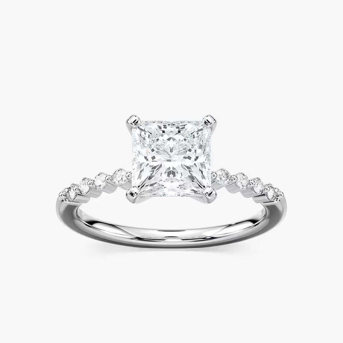 Princess Cut Shared Prong Side Stone Engagement Ring