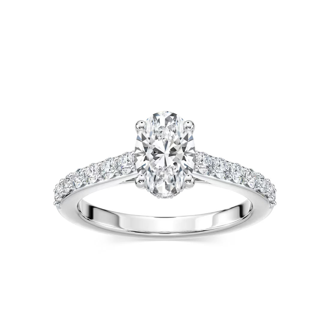 Oval Shared Prong Engagement Ring with Hidden Halo
