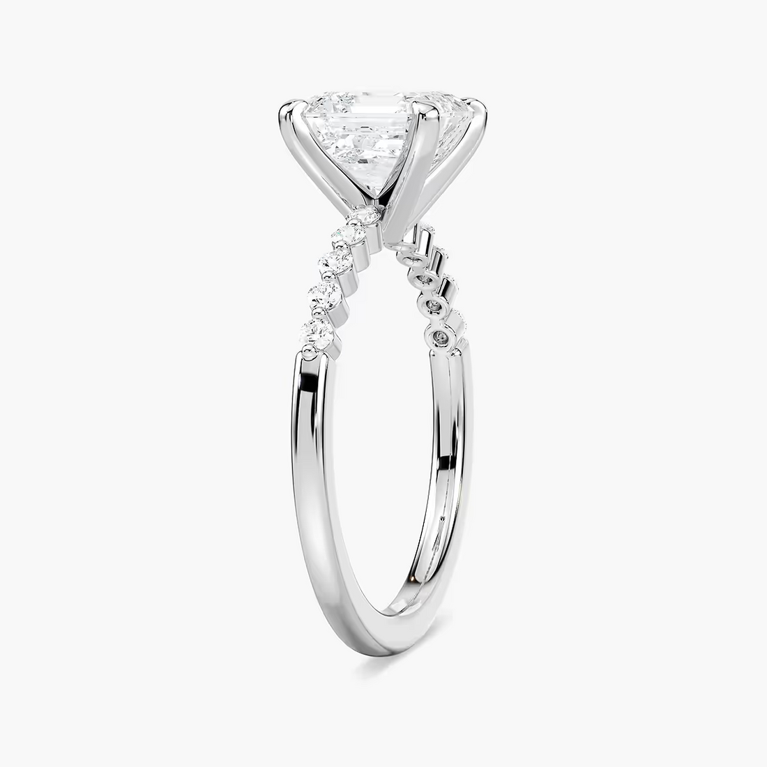 Asscher Cut Shared Prong Side Stone Engagement Ring