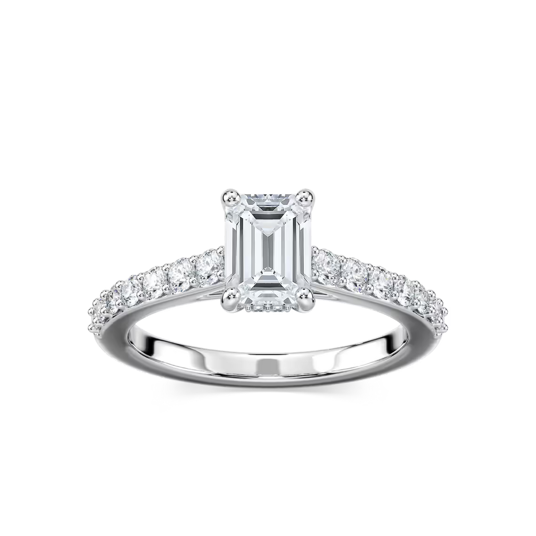 Emerald Cut Shared Prong Engagement Ring with Hidden Halo