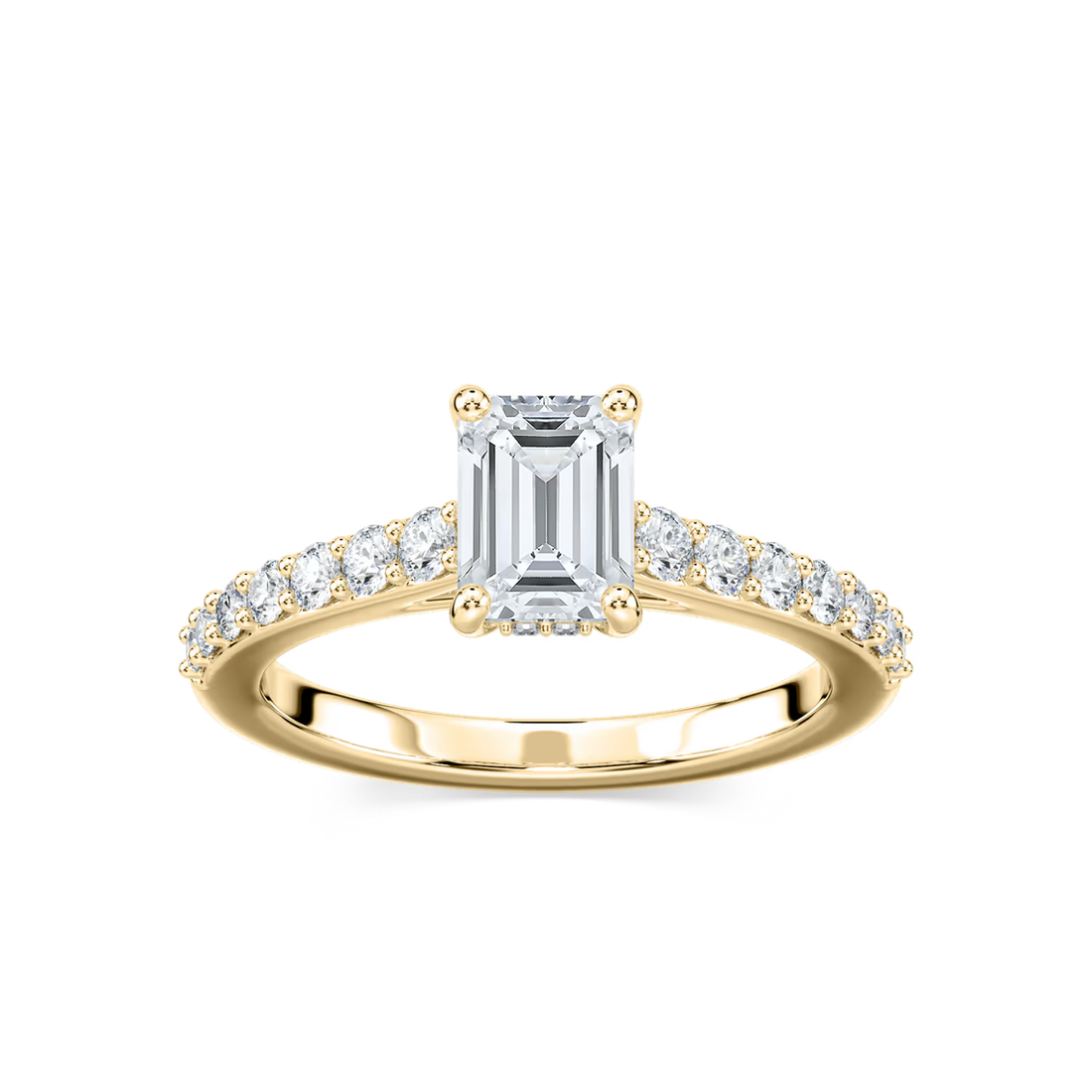 Emerald Cut Shared Prong Engagement Ring with Hidden Halo