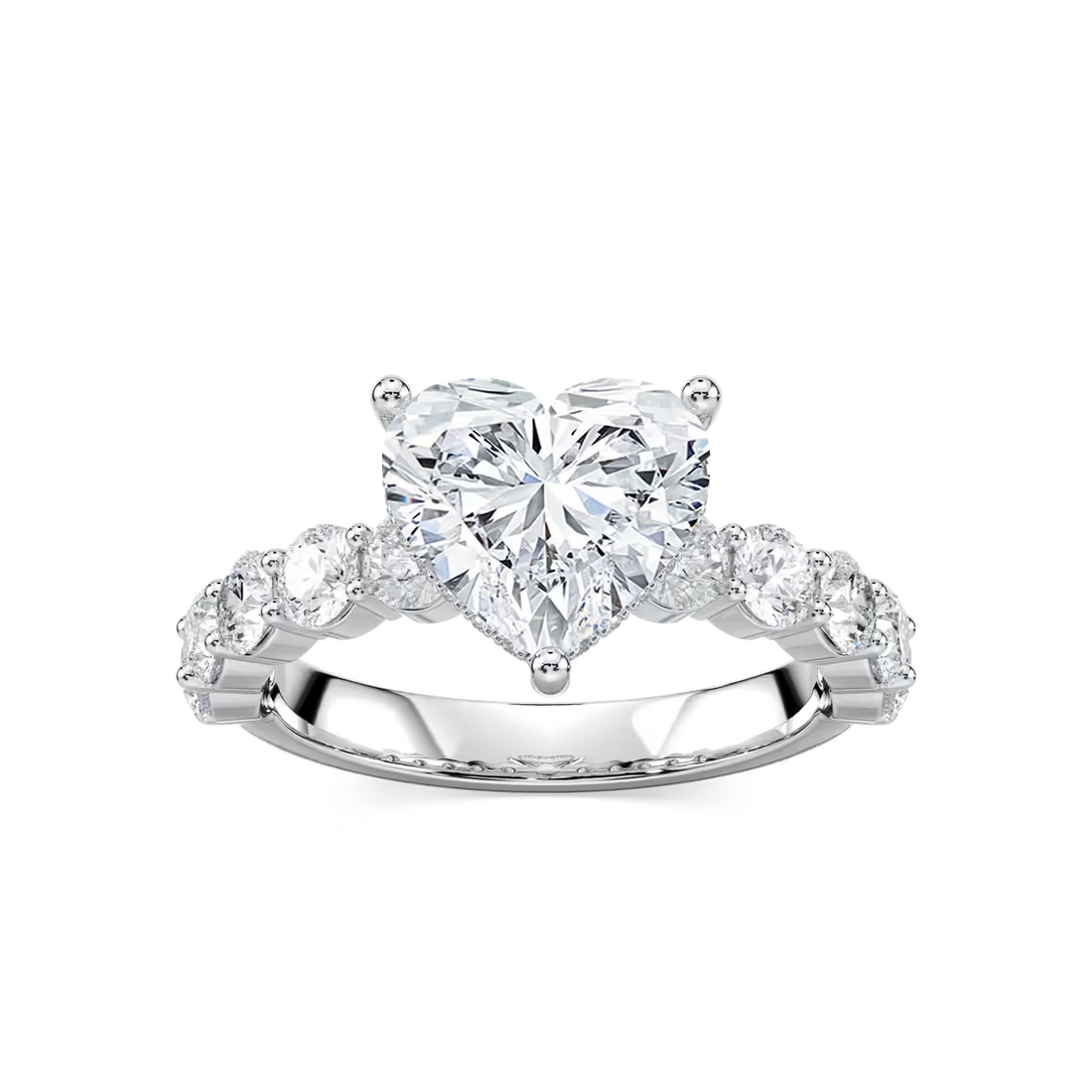 Heart Shaped Shared Prong Engagement Ring with Hidden Halo