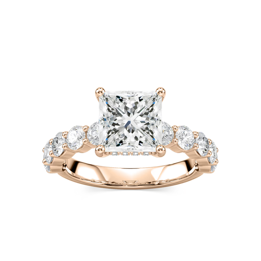 Princess Shaped Shared Prong Engagement Ring with Hidden Halo