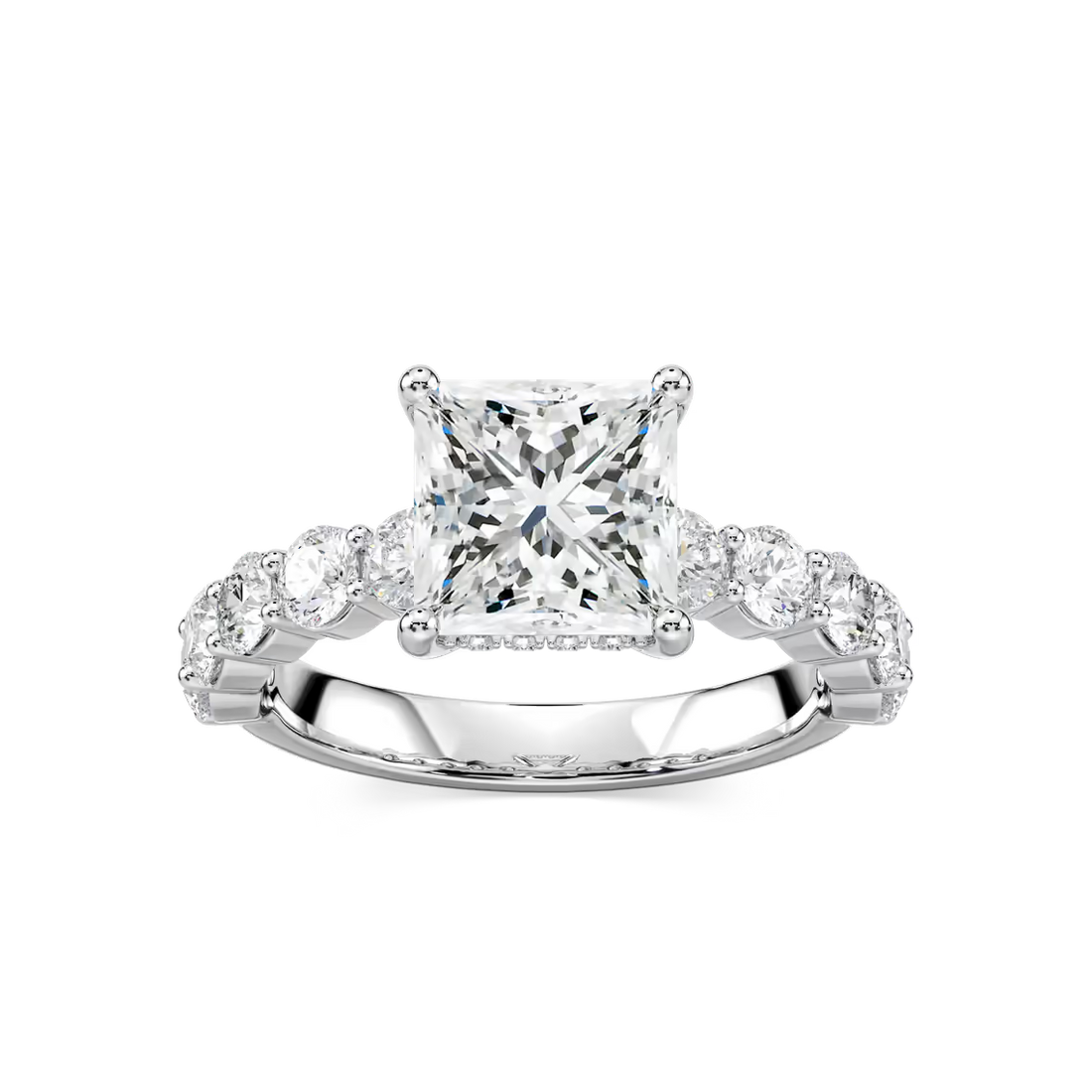 Princess Shaped Shared Prong Engagement Ring with Hidden Halo