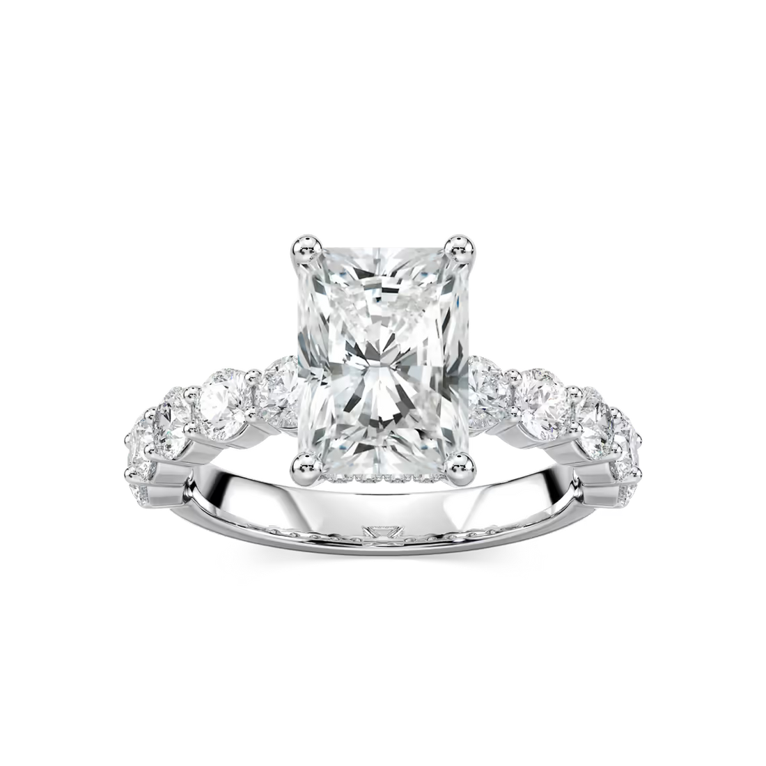 Radiant Shaped Shared Prong Engagement Ring with Hidden Halo