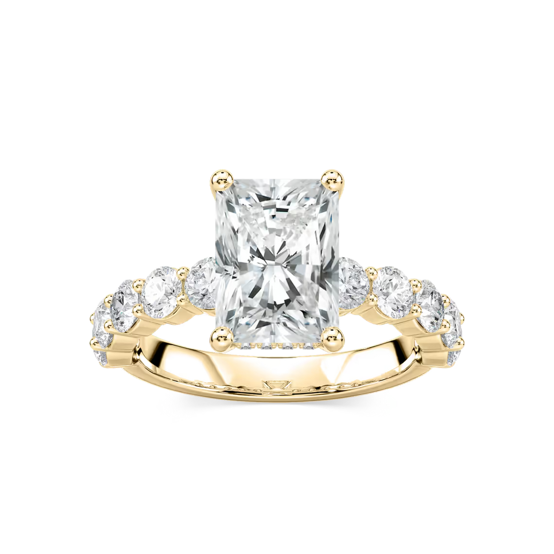 Radiant Shaped Shared Prong Engagement Ring with Hidden Halo
