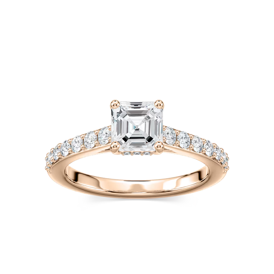 Asscher Shared Prong Engagement Ring with Hidden Halo