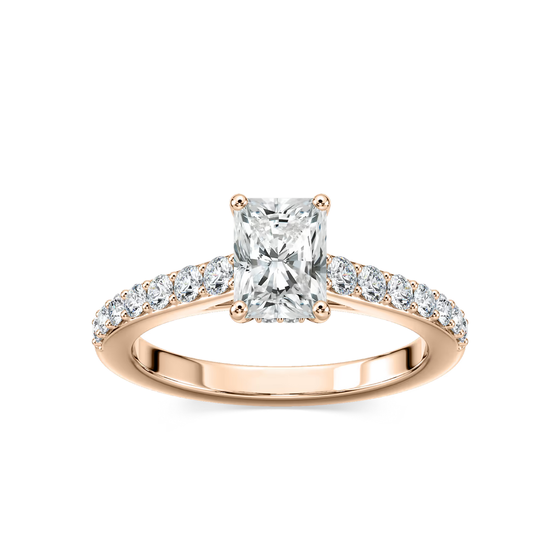 Radiant Cut Shared Prong Engagement Ring with Hidden Halo