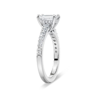 Emerald Cut Shared Prong Engagement Ring with Hidden Halo