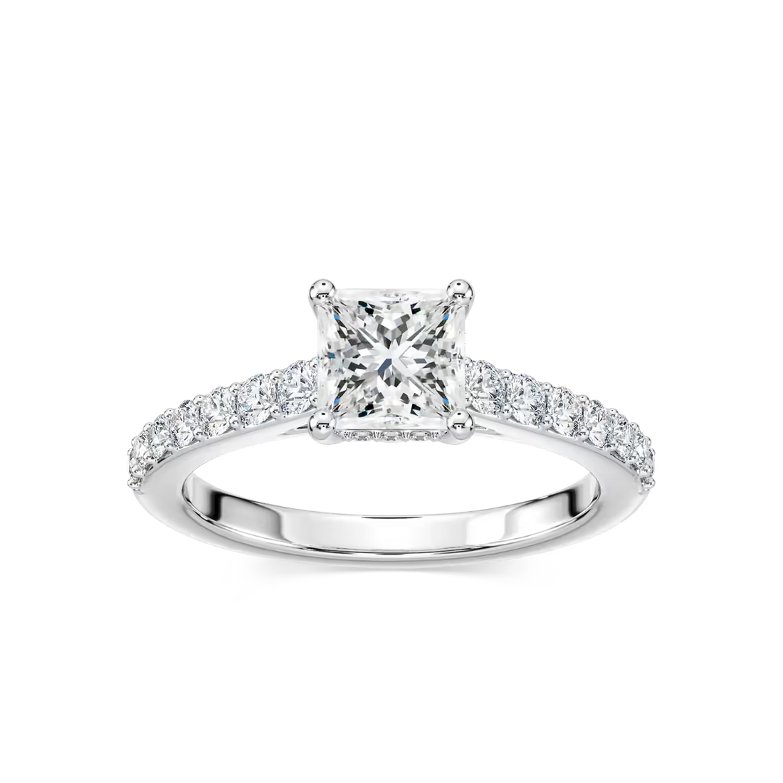 Princess Cut Shared Prong Engagement Ring with Hidden Halo