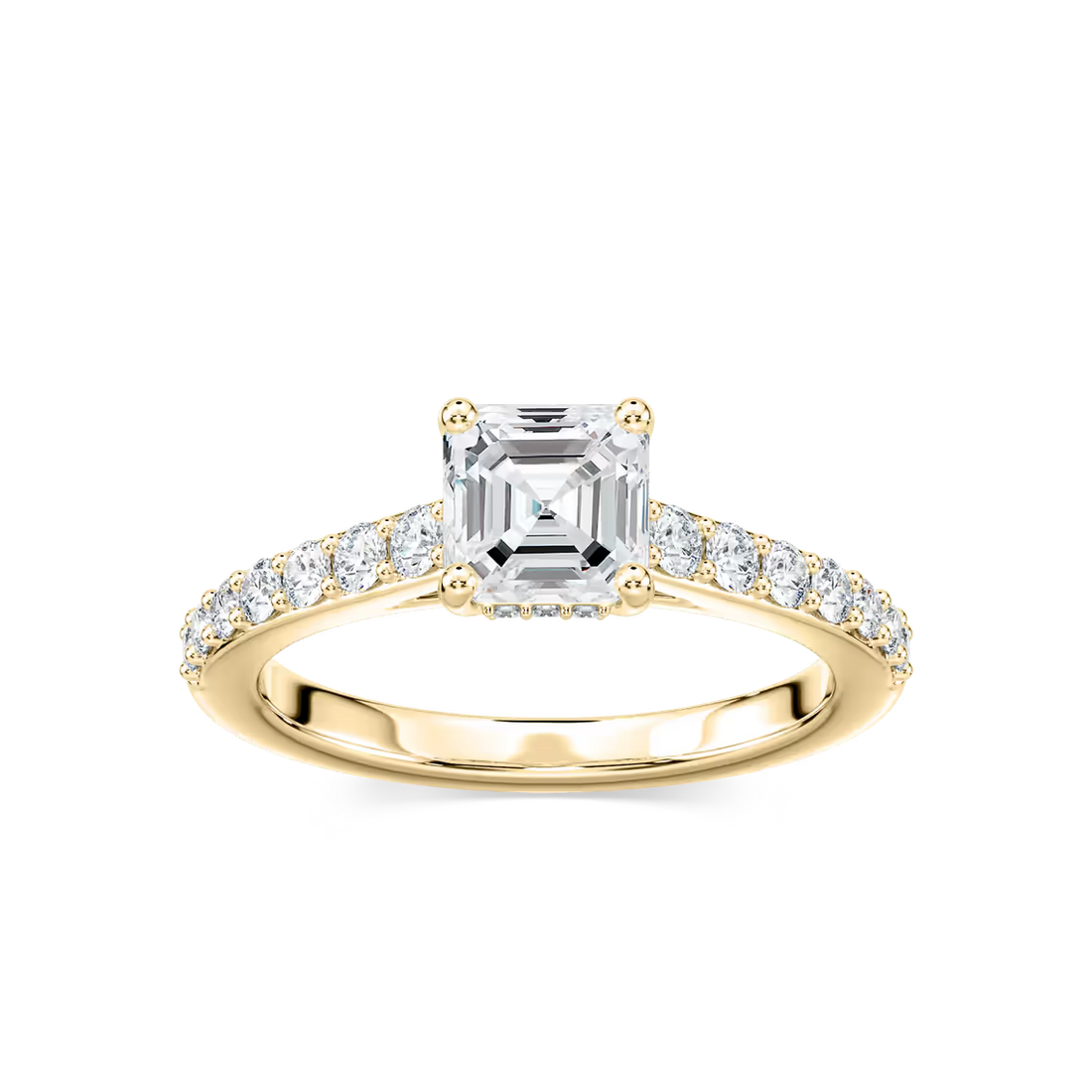 Asscher Shared Prong Engagement Ring with Hidden Halo