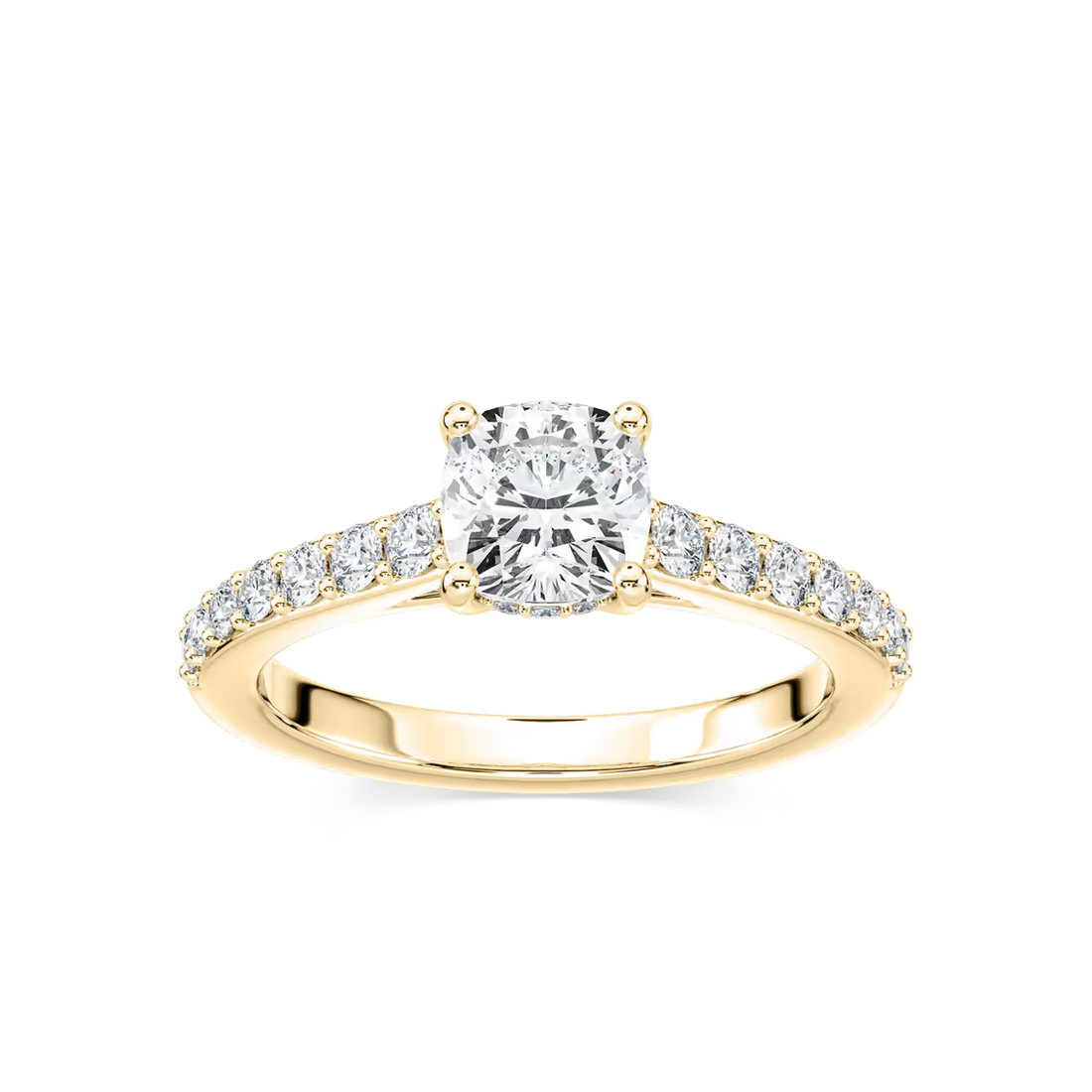 Cushion Shared Prong Engagement Ring with Hidden Halo