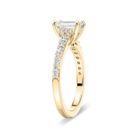 Emerald Cut Shared Prong Engagement Ring with Hidden Halo