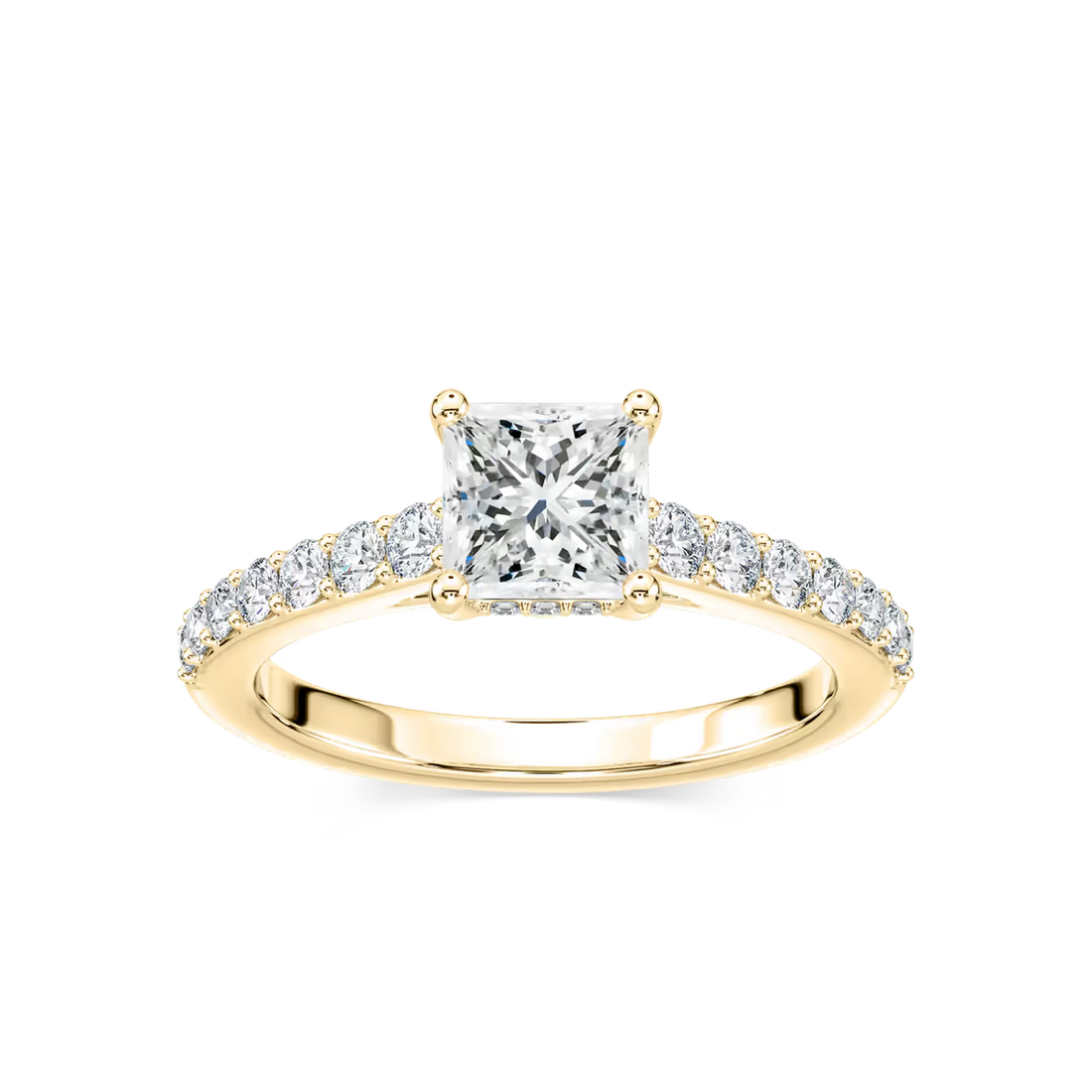 Princess Cut Shared Prong Engagement Ring with Hidden Halo