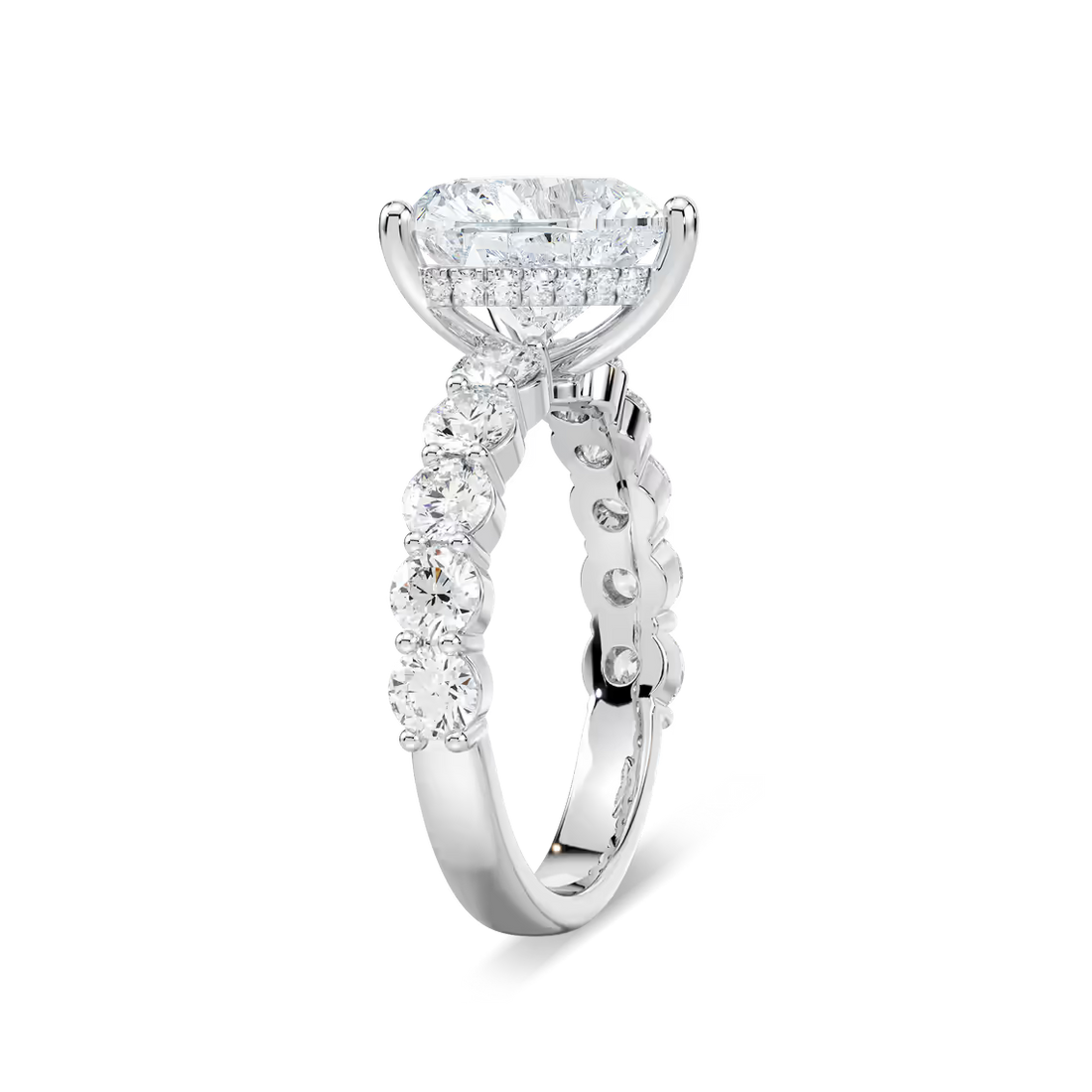 Heart Shaped Shared Prong Engagement Ring with Hidden Halo