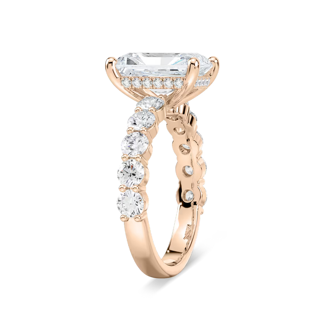 Radiant Shaped Shared Prong Engagement Ring with Hidden Halo