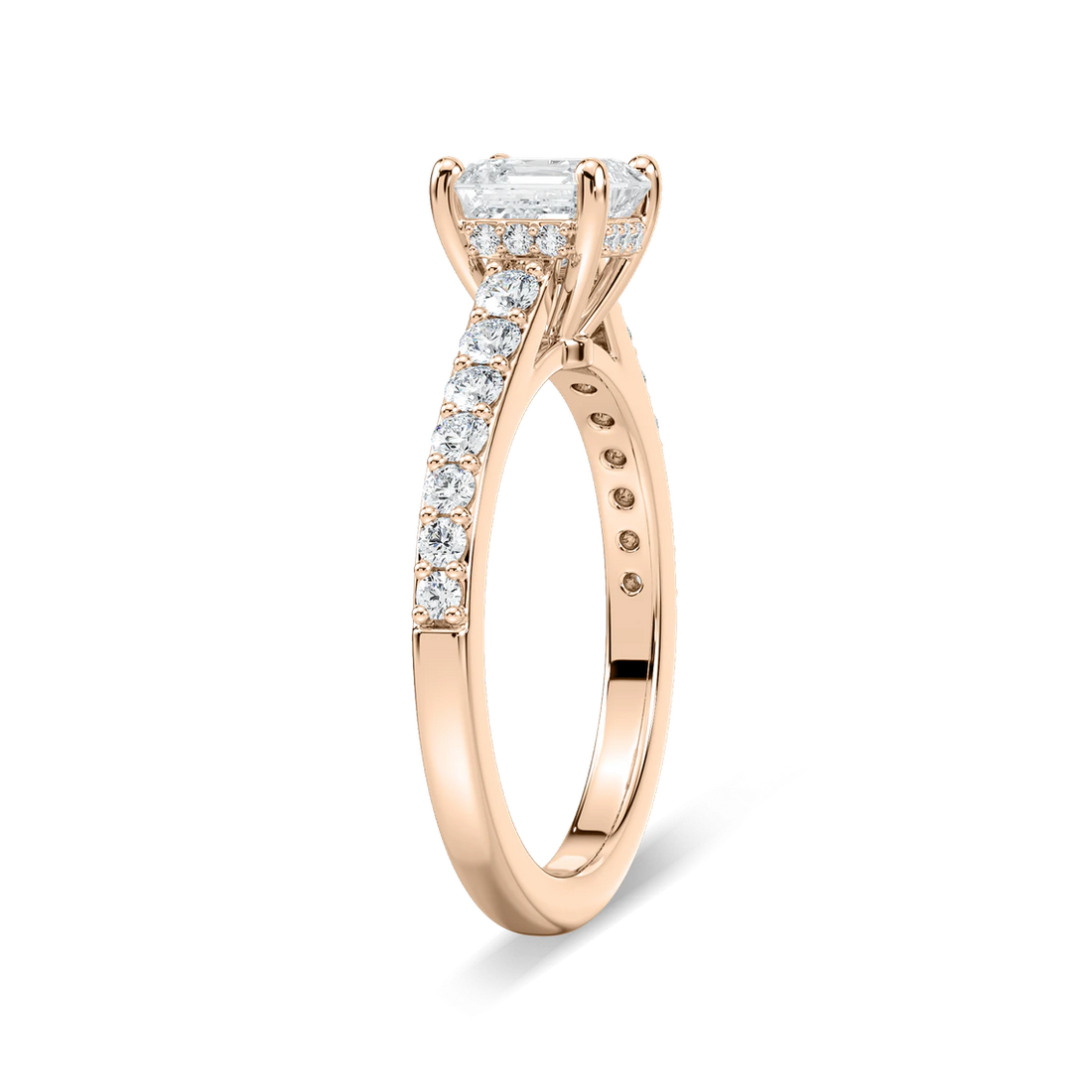 Asscher Shared Prong Engagement Ring with Hidden Halo