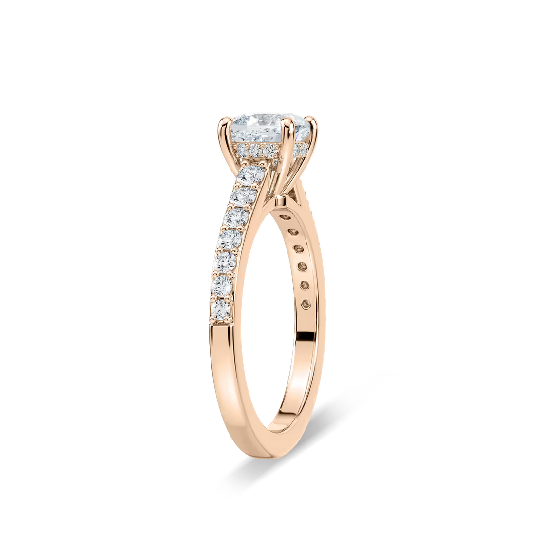 Cushion Shared Prong Engagement Ring with Hidden Halo