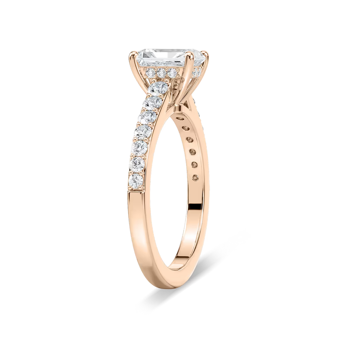 Radiant Cut Shared Prong Engagement Ring with Hidden Halo