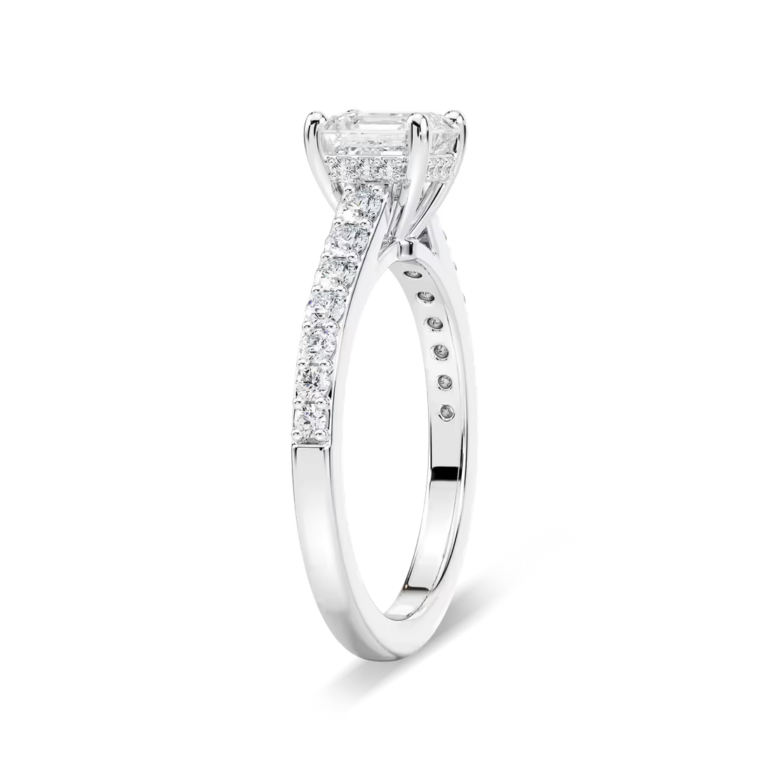 Asscher Shared Prong Engagement Ring with Hidden Halo