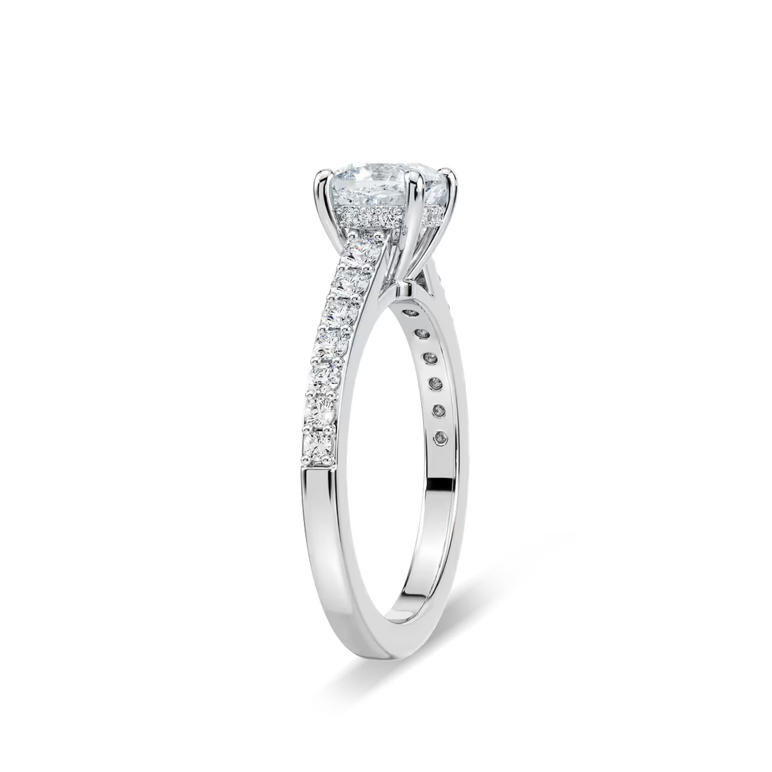 Cushion Shared Prong Engagement Ring with Hidden Halo