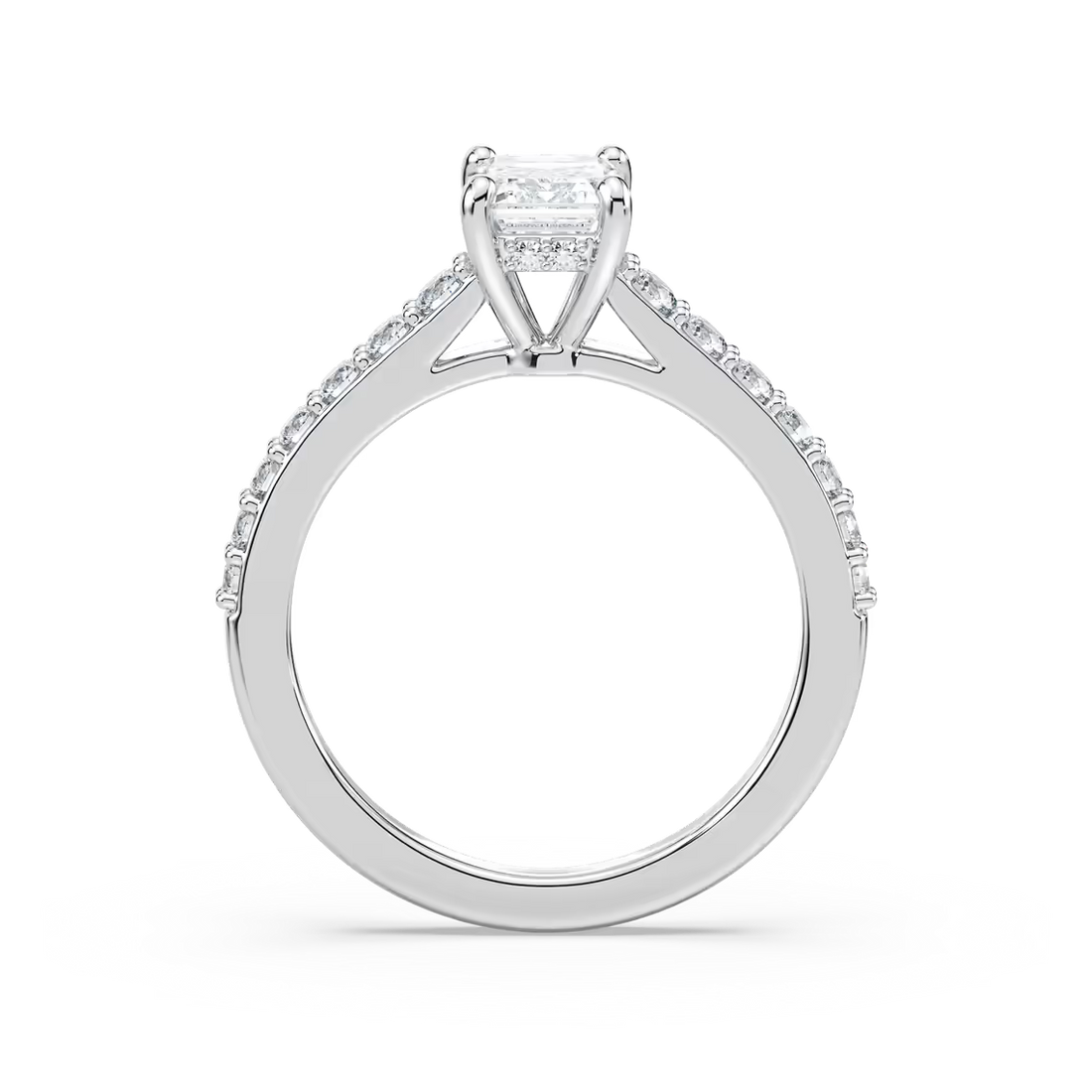 Emerald Cut Shared Prong Engagement Ring with Hidden Halo