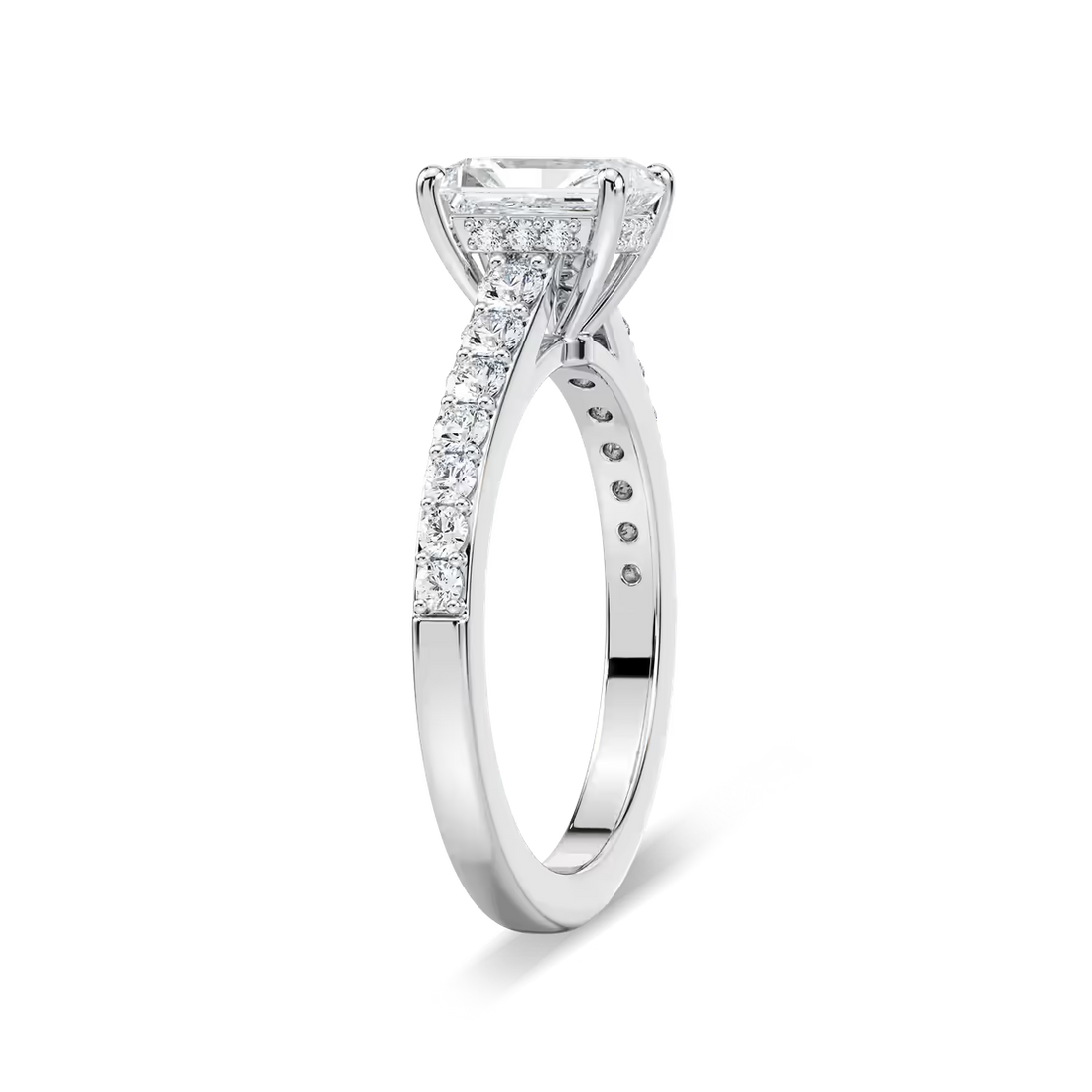 Radiant Cut Shared Prong Engagement Ring with Hidden Halo