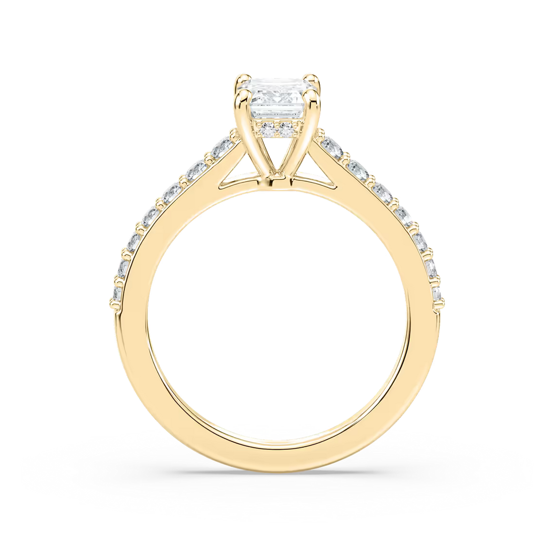 Emerald Cut Shared Prong Engagement Ring with Hidden Halo