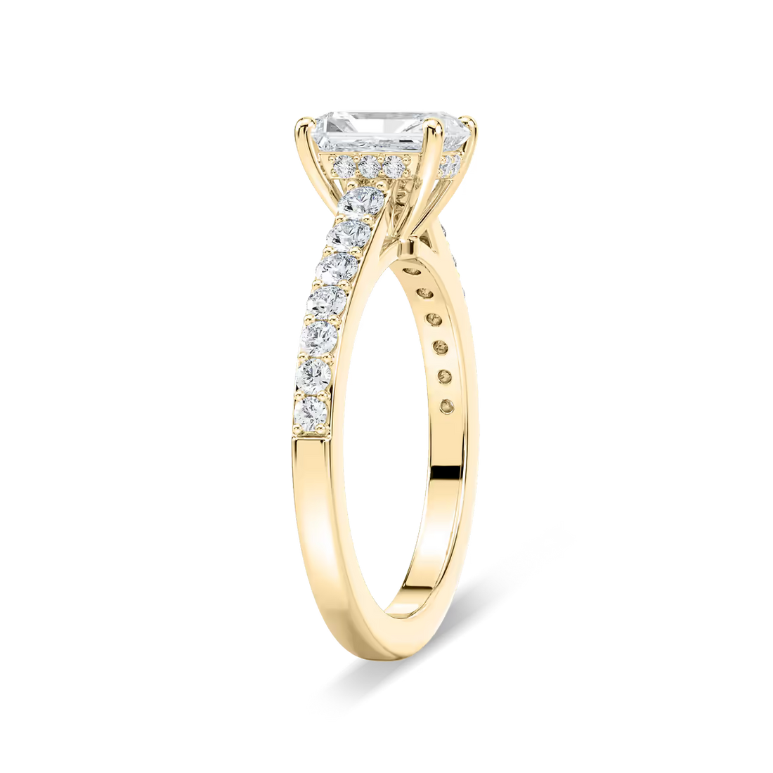 Radiant Cut Shared Prong Engagement Ring with Hidden Halo