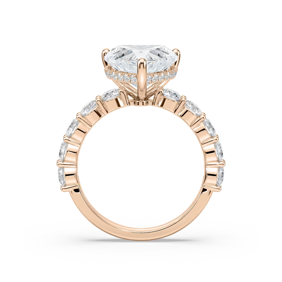 Heart Shaped Shared Prong Engagement Ring with Hidden Halo