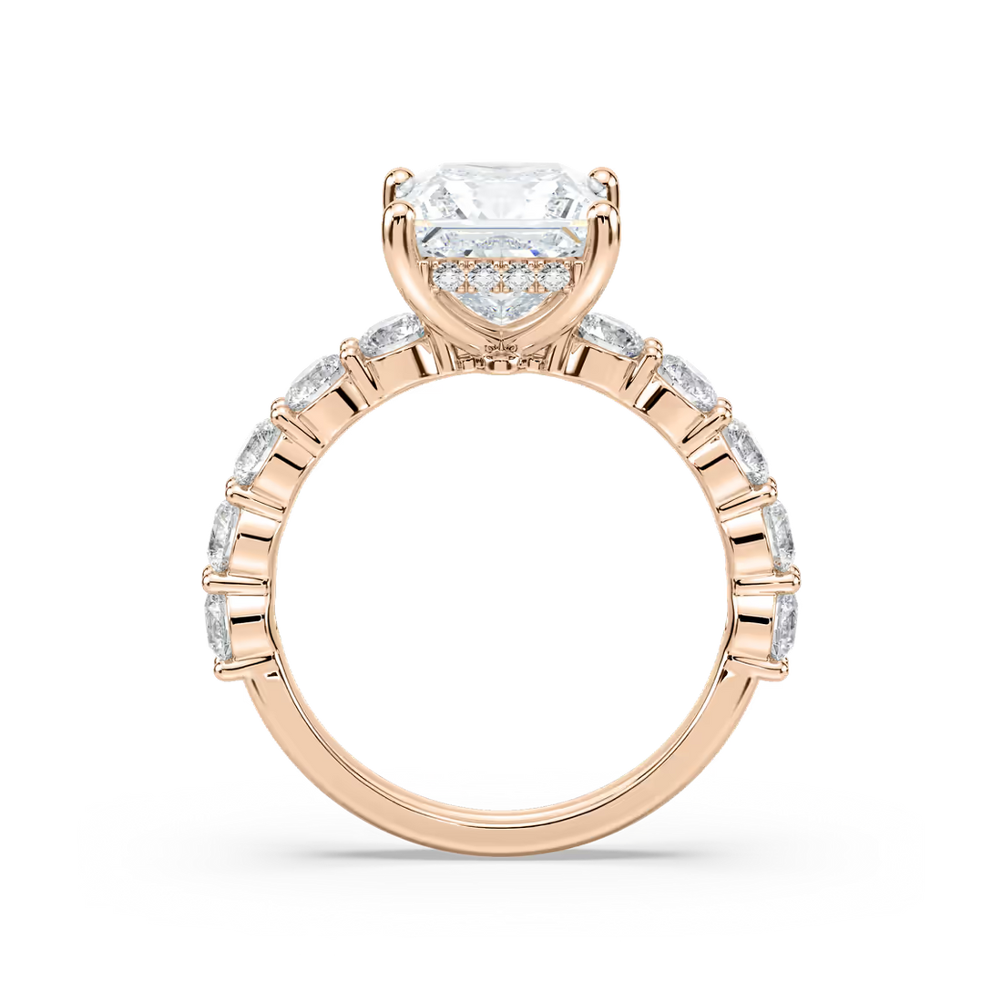 Princess Shaped Shared Prong Engagement Ring with Hidden Halo