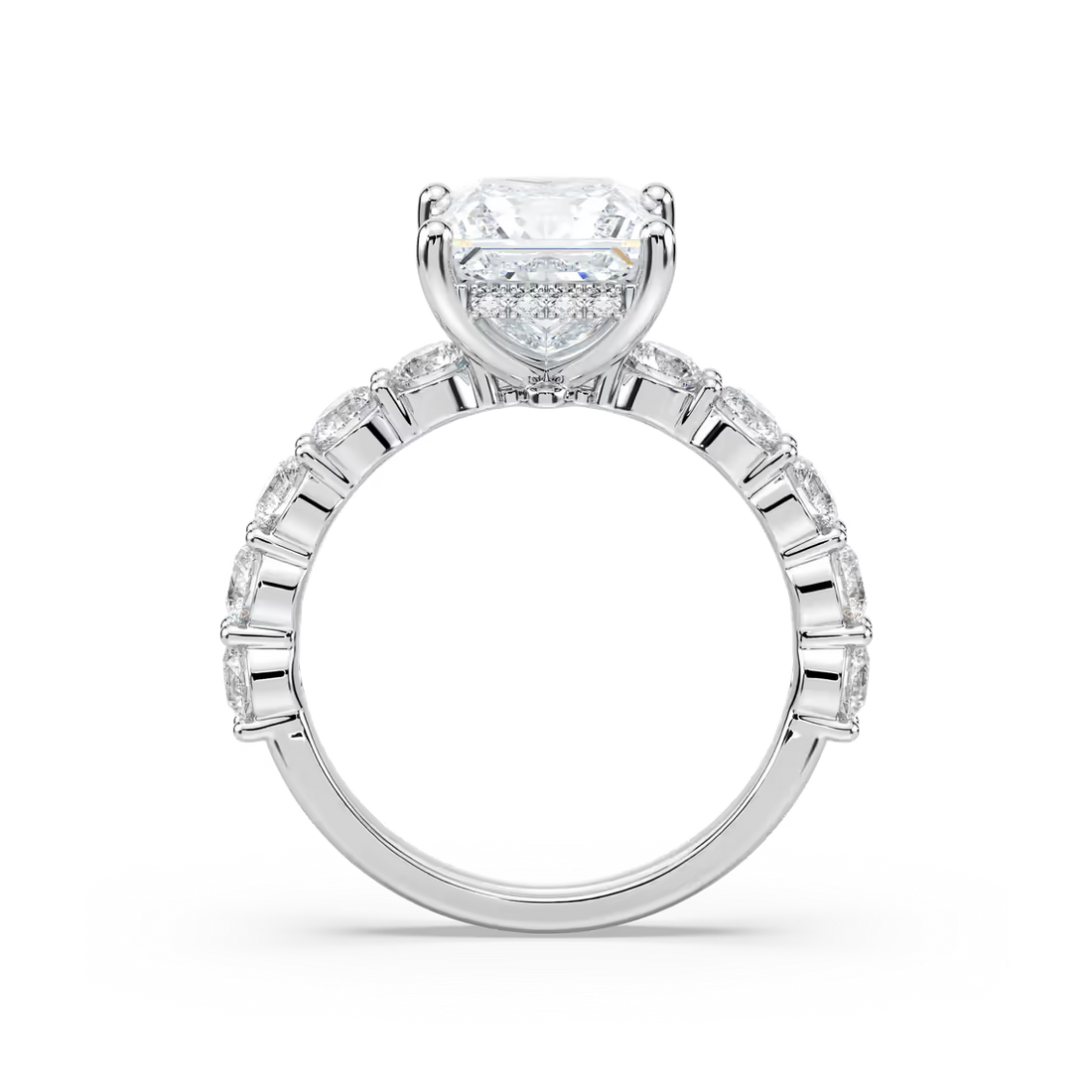 Princess Shaped Shared Prong Engagement Ring with Hidden Halo