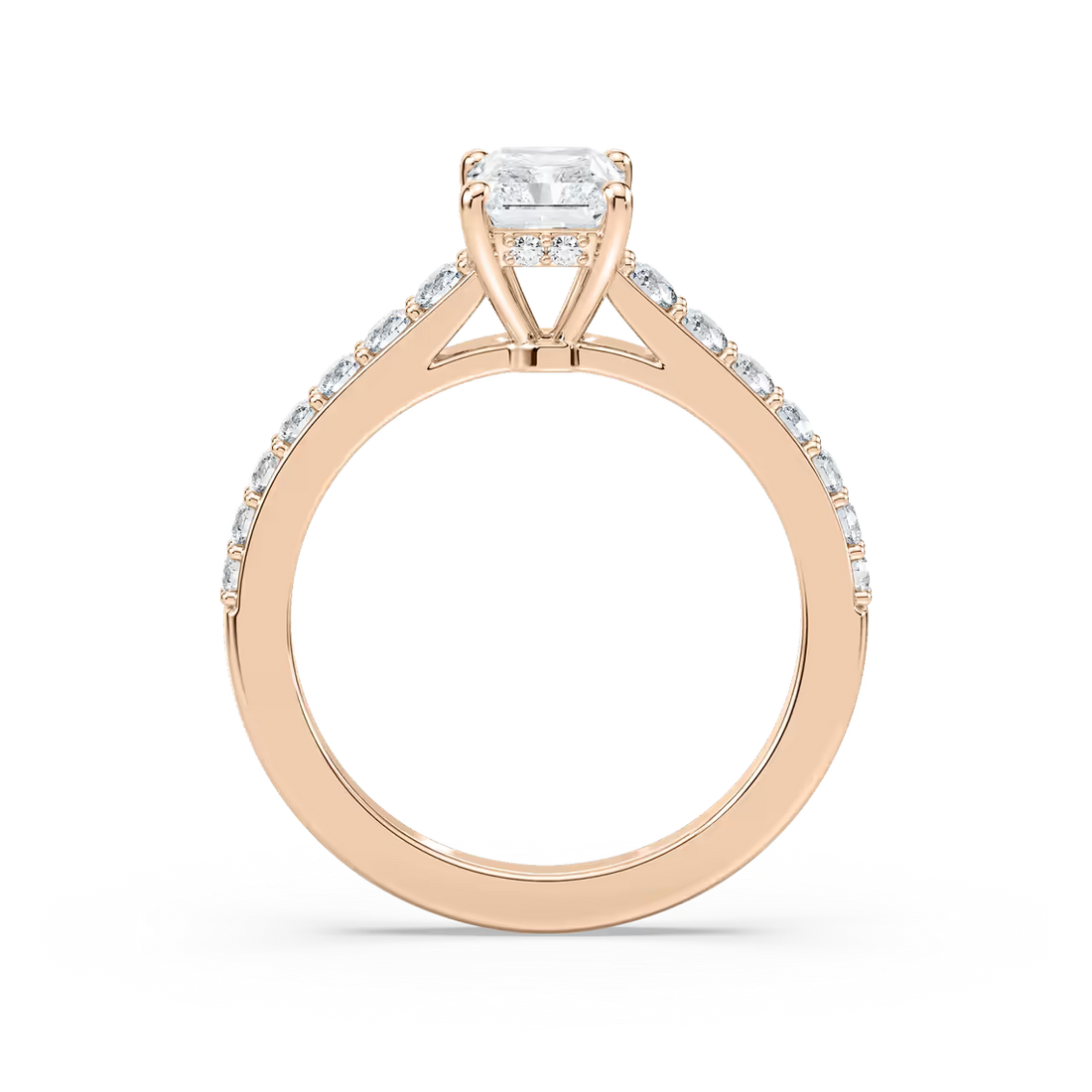 Radiant Cut Shared Prong Engagement Ring with Hidden Halo