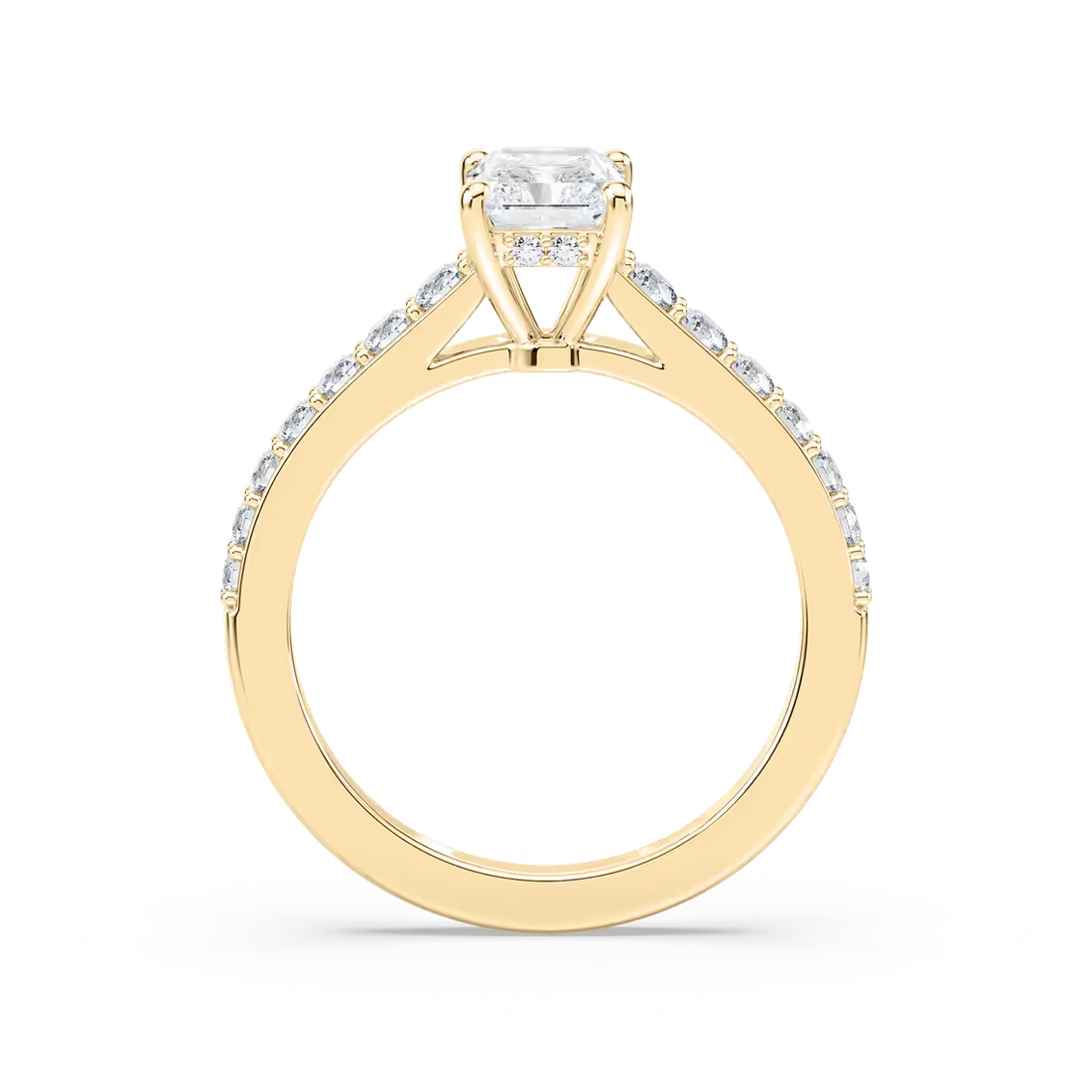 Radiant Cut Shared Prong Engagement Ring with Hidden Halo