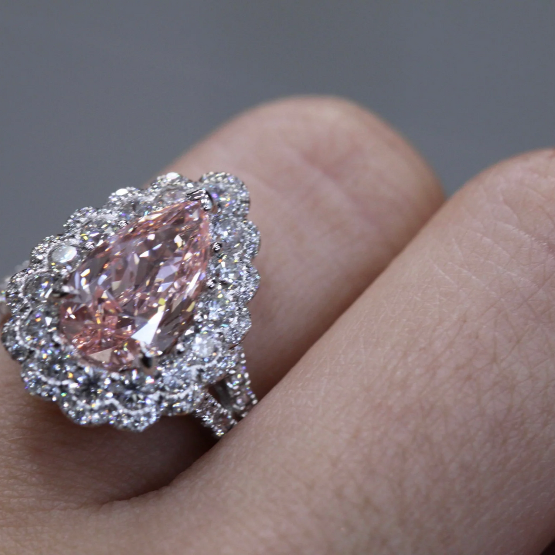 Pear Shape Fancy Intense Orangey Pink Diamond Engagement Ring